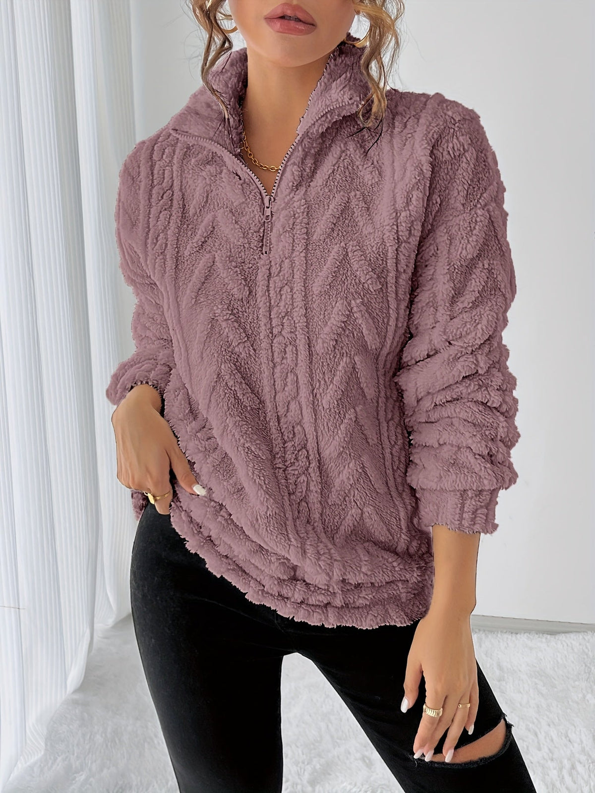 Lena - Fleece Lapel Zip Sweatshirt