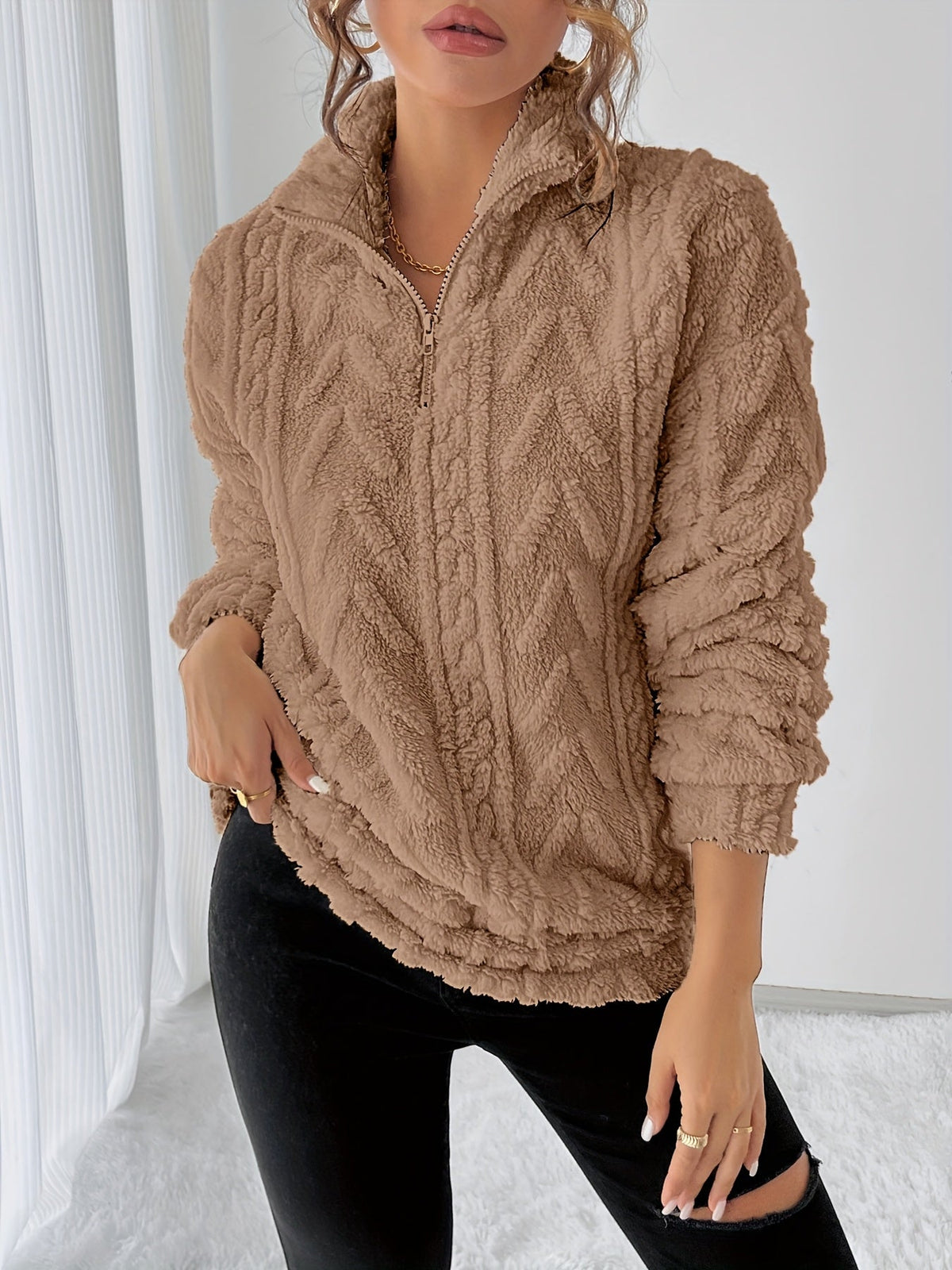 Lena - Fleece Lapel Zip Sweatshirt