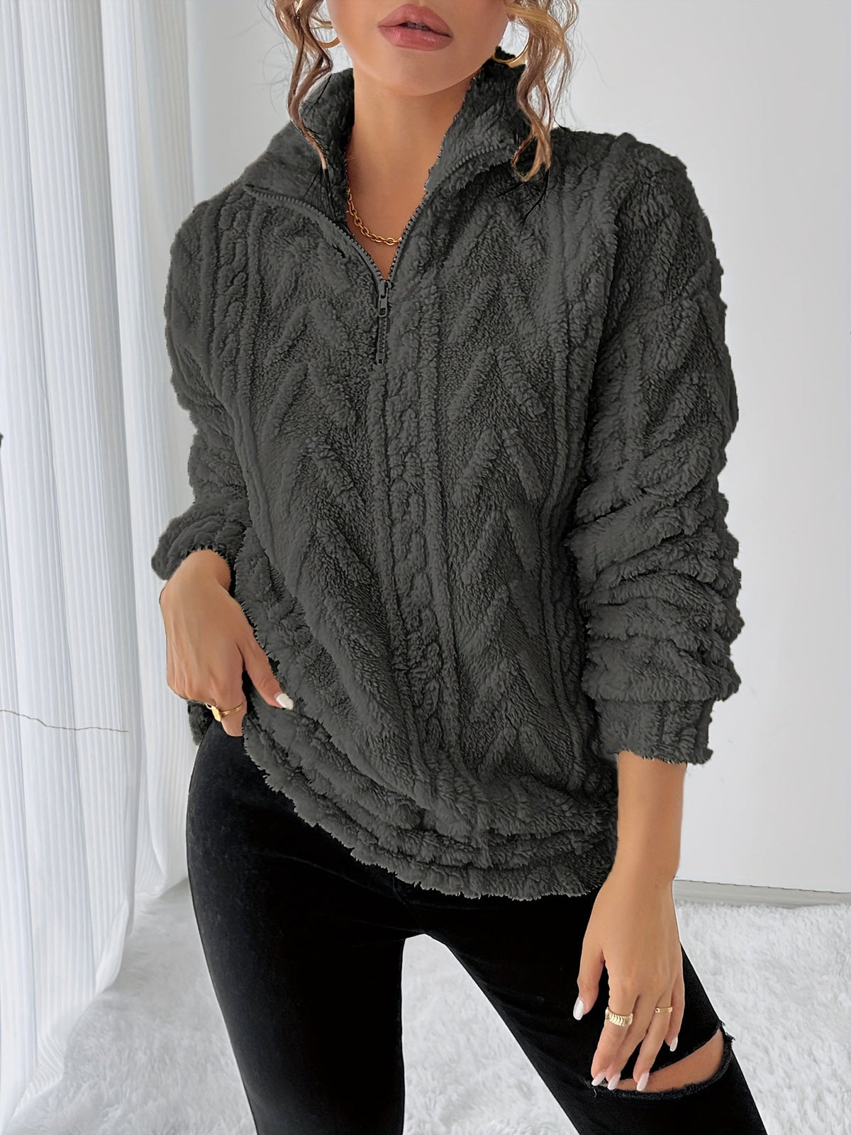 Lena - Fleece Lapel Zip Sweatshirt