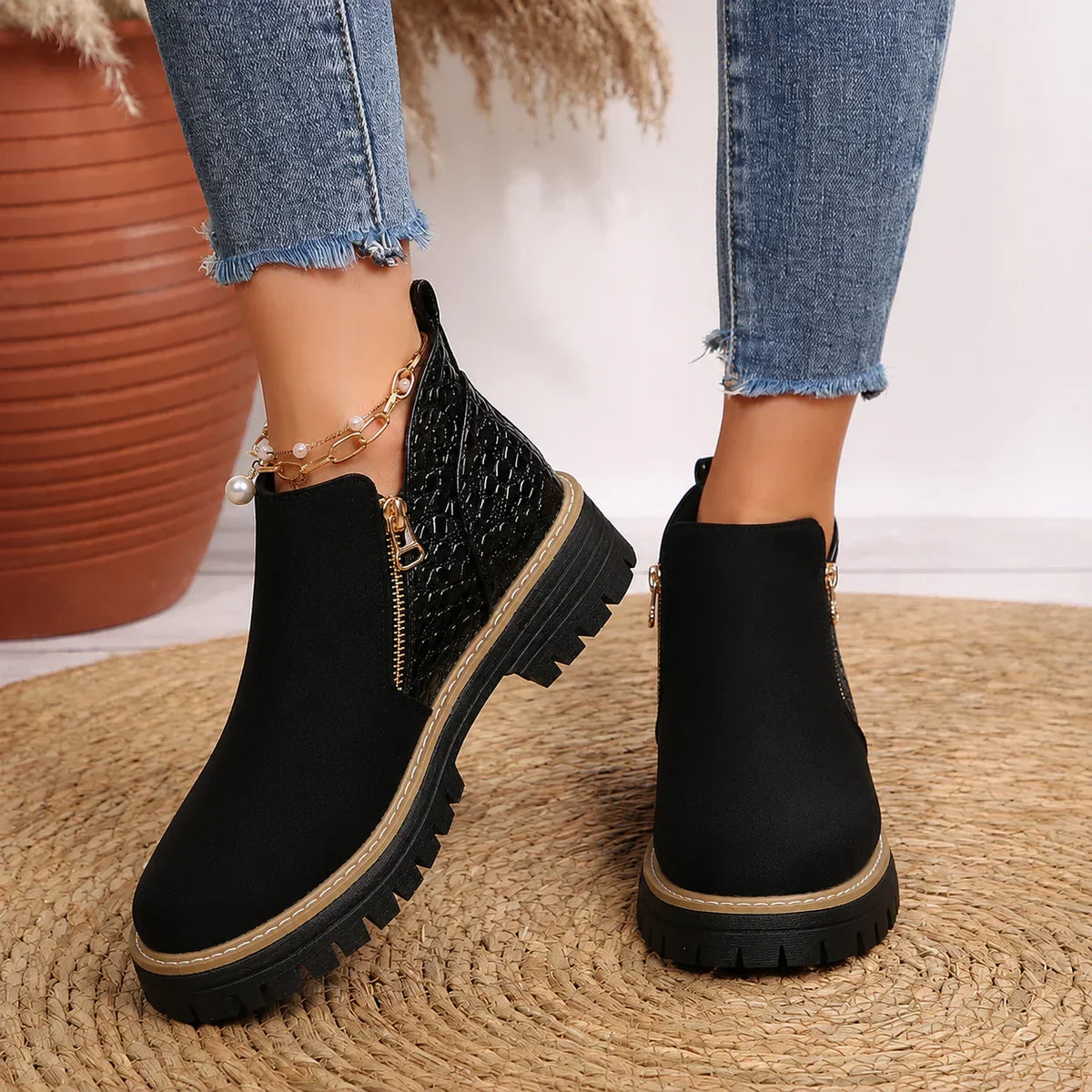Emma - Women's Croc Detail Ankle Boots