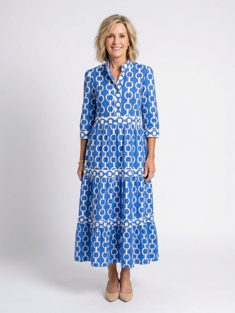 Ysolde - Chain Pattern Midi Dress with 3/4 Sleeves