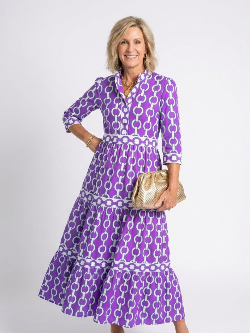 Ysolde - Chain Pattern Midi Dress with 3/4 Sleeves