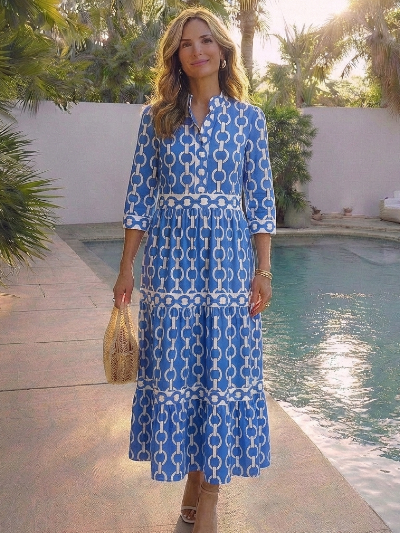 Ysolde - Chain Pattern Midi Dress with 3/4 Sleeves