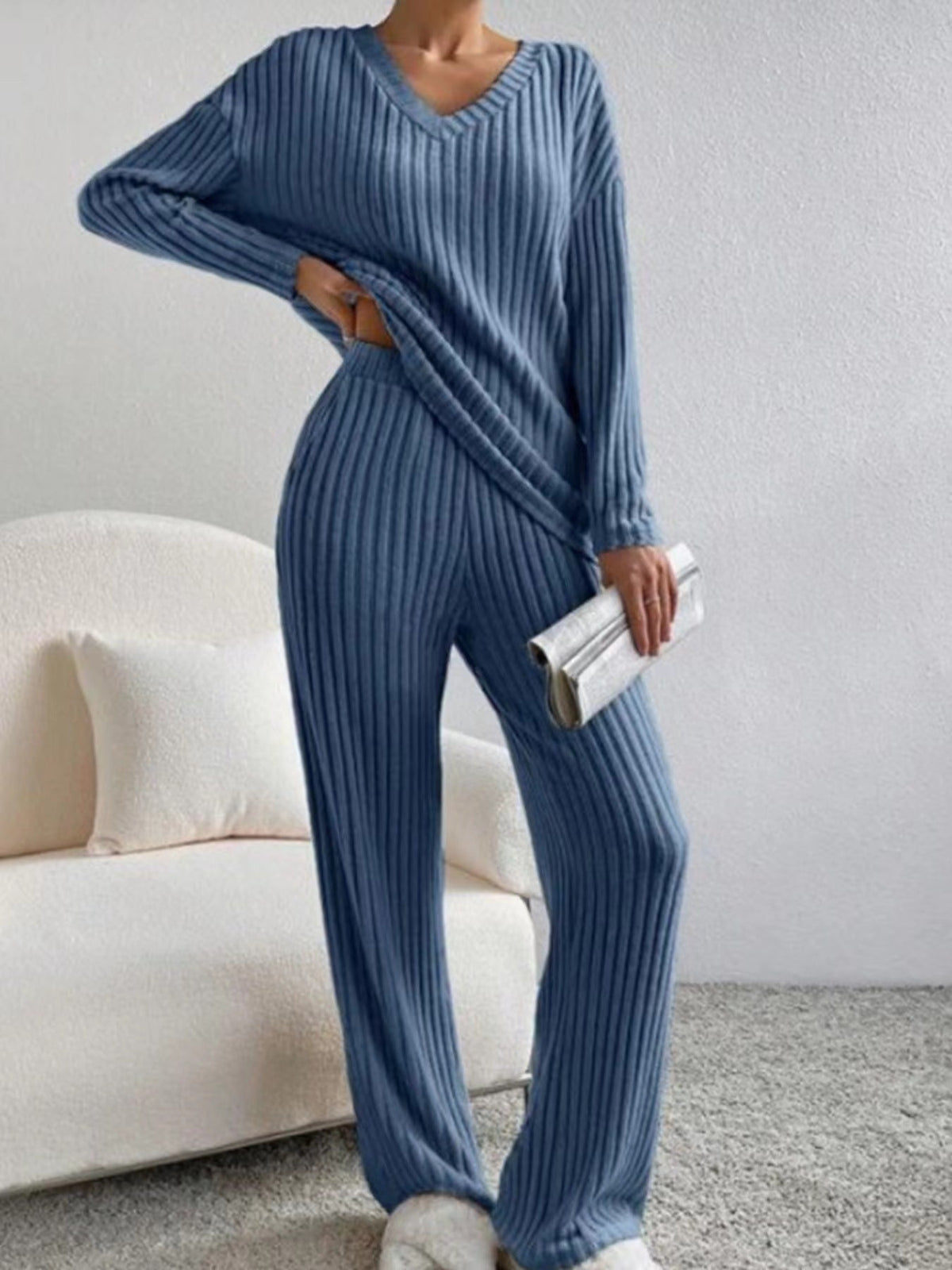 Elise - V-Neck Knit Top & Straight Leg Pants Set