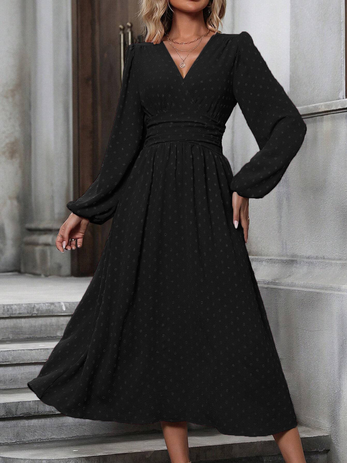 Vera - Diagonal Collar Lantern Sleeve Pleated Dress