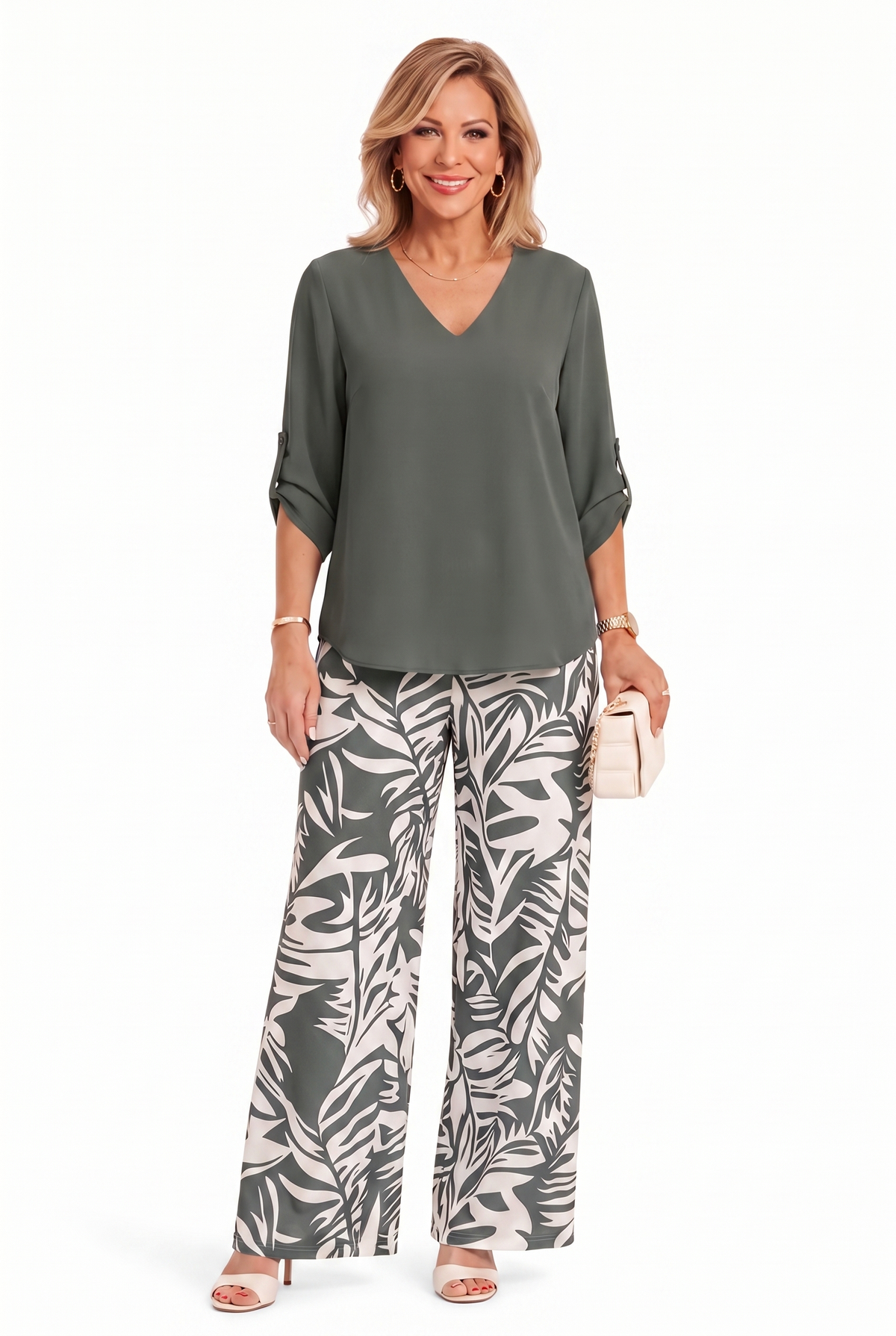Leire - V-Neck Top & Wide-Leg Pants Two Piece Set