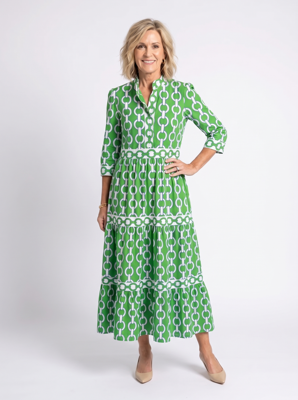 Ysolde - Chain Pattern Midi Dress with 3/4 Sleeves