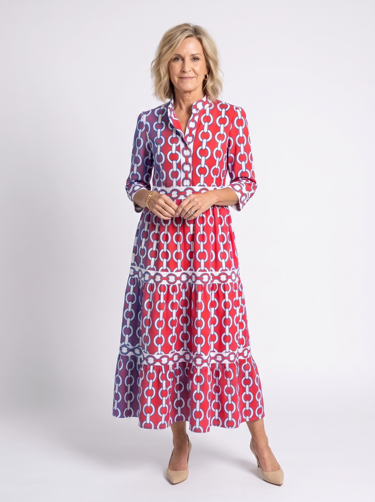 Ysolde - Chain Pattern Midi Dress with 3/4 Sleeves