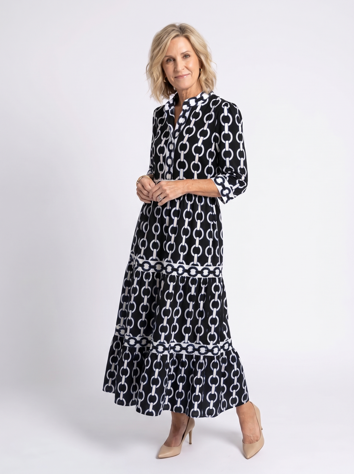 Ysolde - Chain Pattern Midi Dress with 3/4 Sleeves
