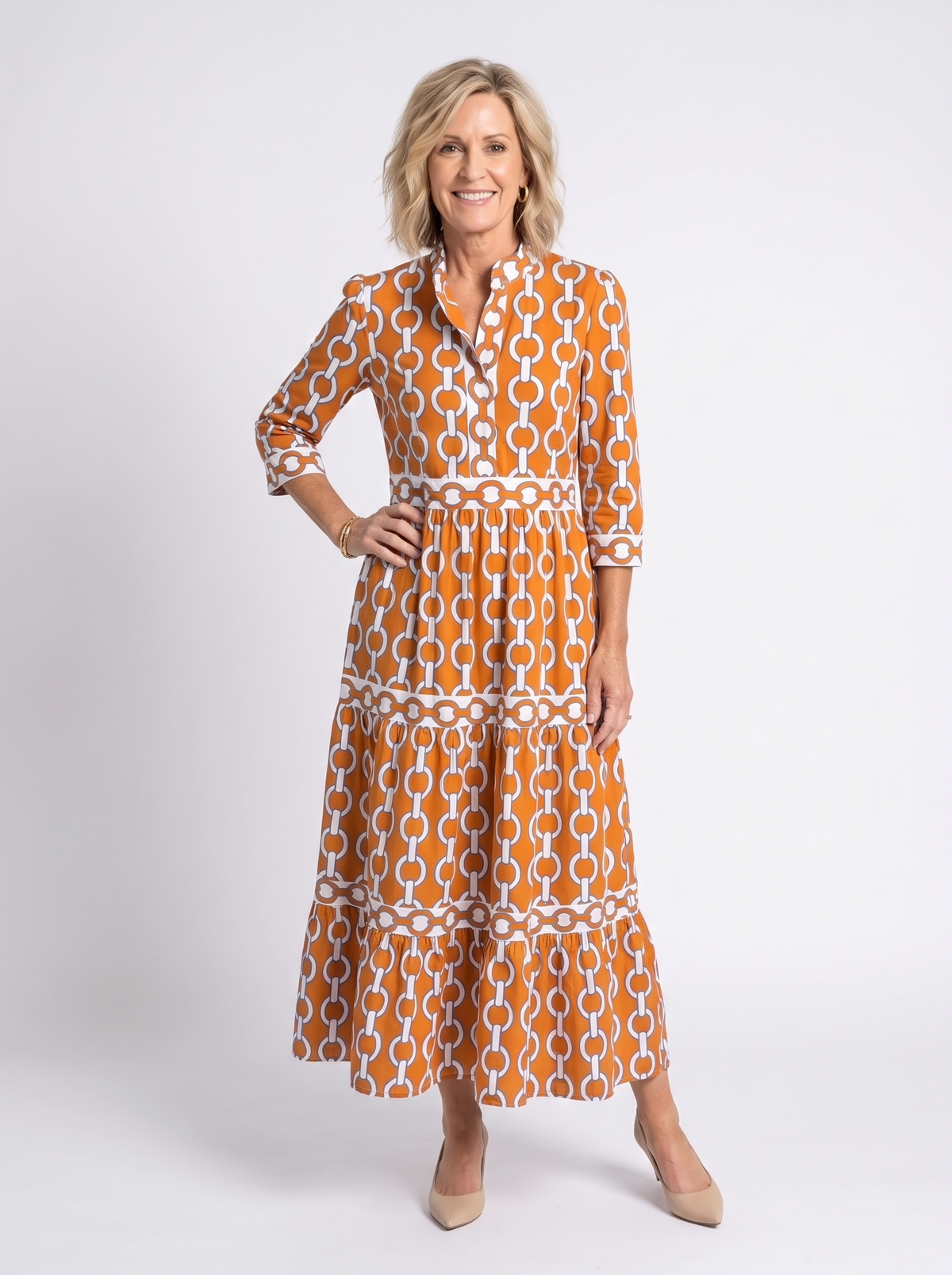 Ysolde - Chain Pattern Midi Dress with 3/4 Sleeves
